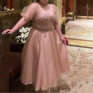 Champagne Pink Puff Sleeve Sparkly Dress